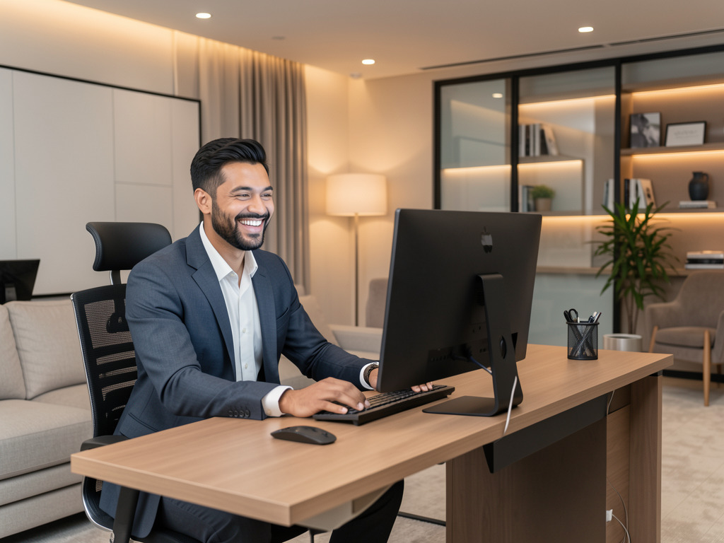 Satisfied business owner viewing their newly created website on a laptop